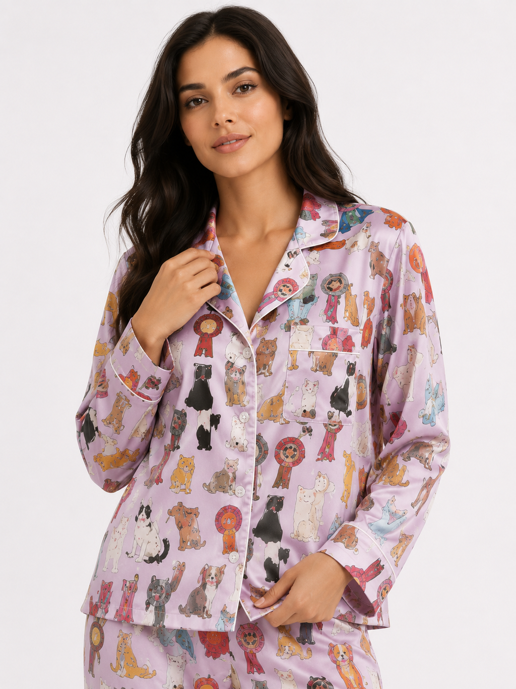 Women’s Printed Pyjama Set – Button-Through Long Sleeve Shirt & Jogger Trousers