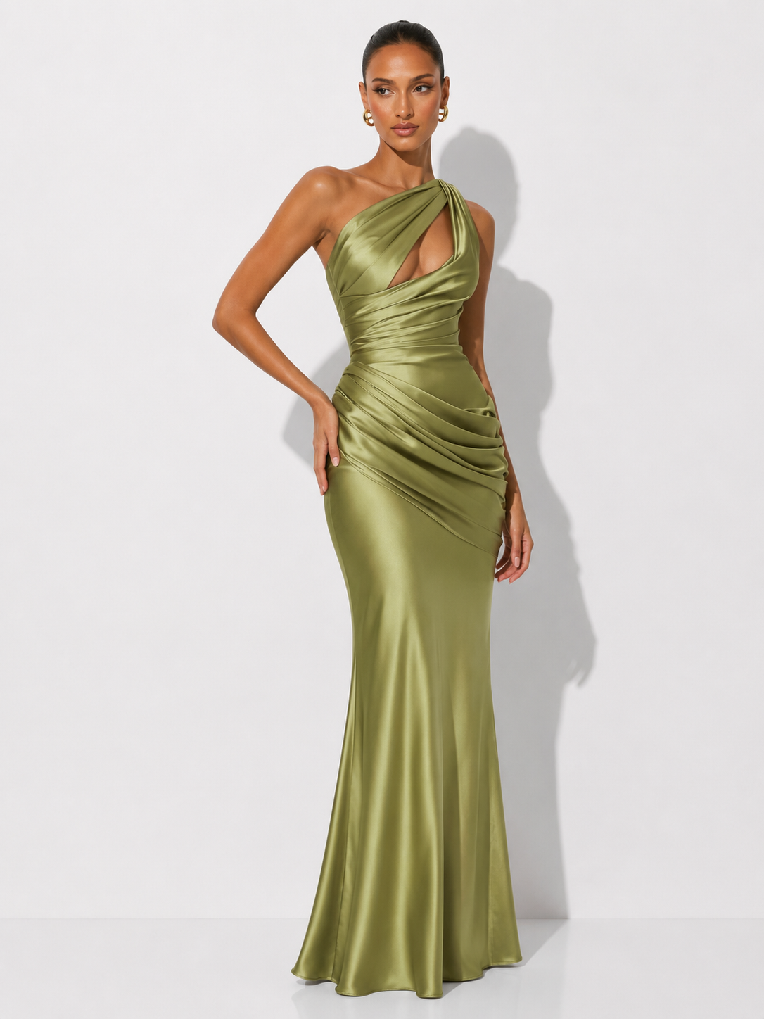 One-shoulder Ruched Satin Maxi Dress Women Elegant Sleeveless Cutout Waist-cinching Flowy Dresses Summer Lady Evening Vestido