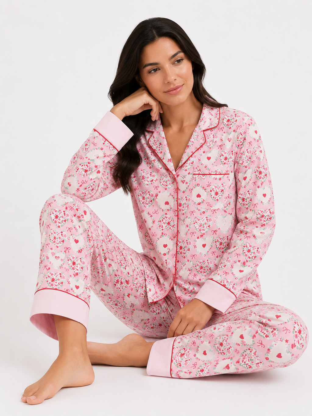 Women’s Pyjama Set – Button-Through Long Sleeve Shirt & Full-Length Trousers