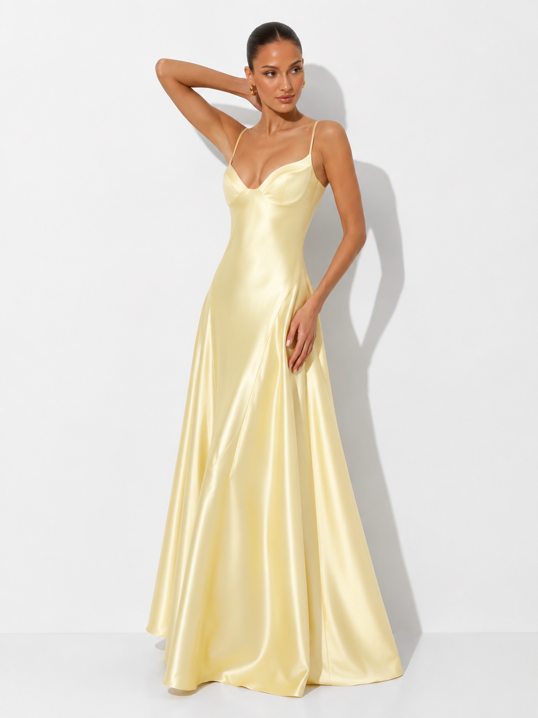 Solid Color Satin Bustier Women Maxi Dress Fashion Yellow Spaghetti Strap V Neck Waist-cinching Dresses 2026 New Party Vestidos