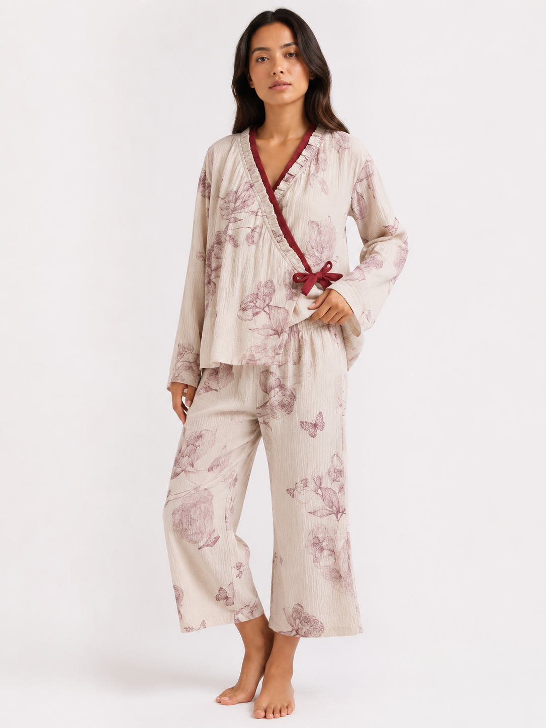 Women’s Wrap Pyjama Set – Kimono-Style Top & Full-Length Trousers