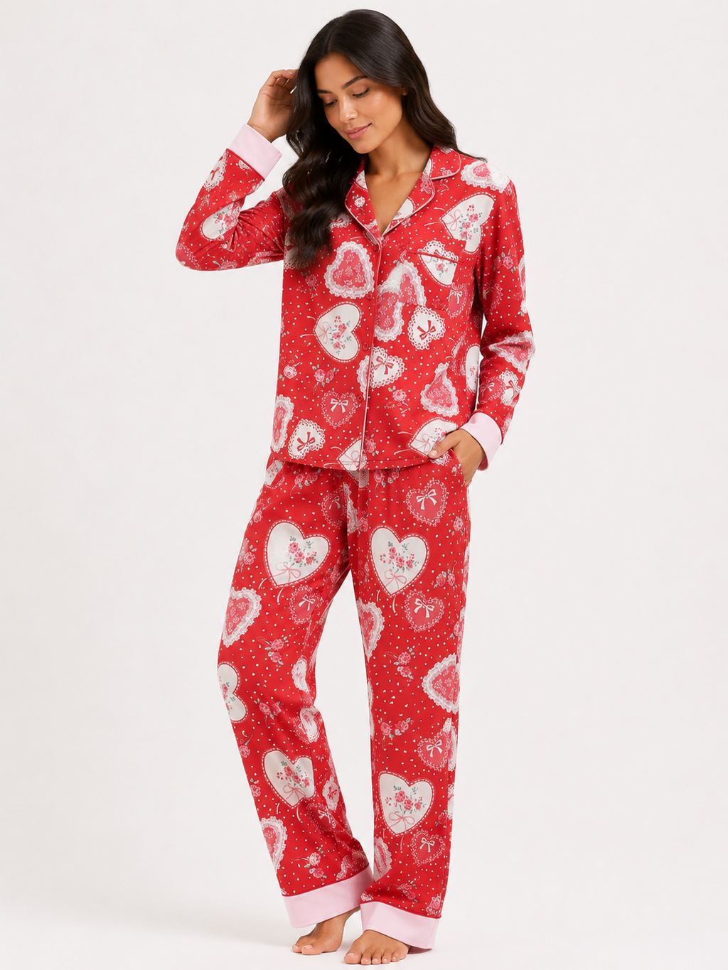 Women’s Pyjama Set – Button-Through Long Sleeve Shirt & Full-Length Trousers