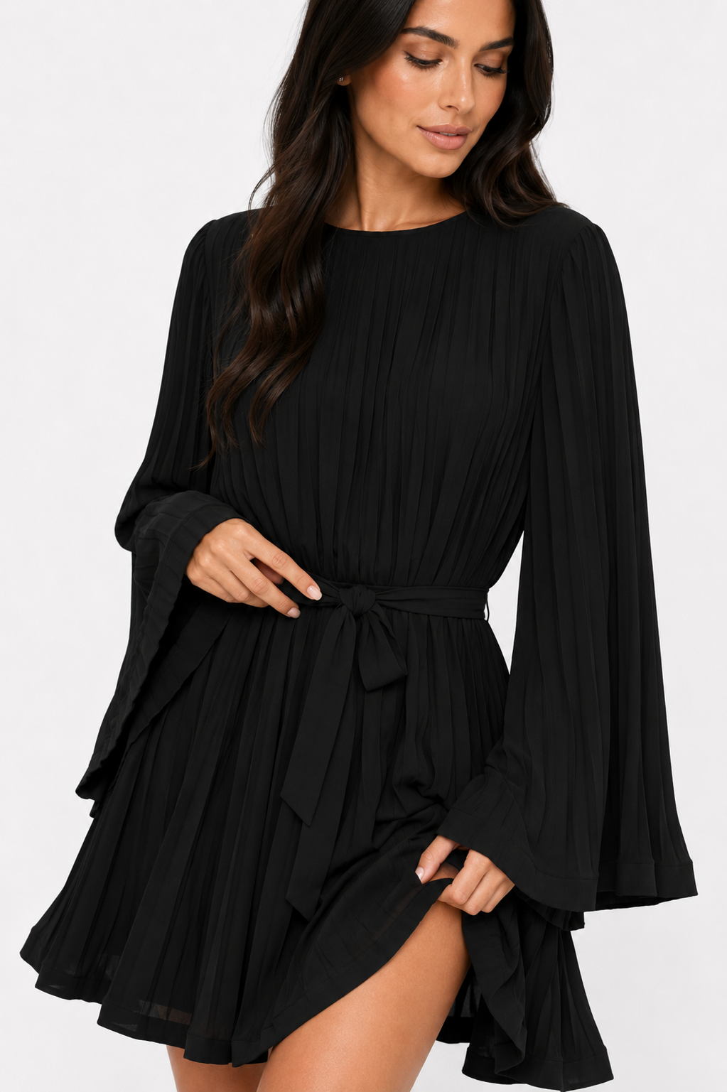 Pleated Mini Dress with Cape Sleeves