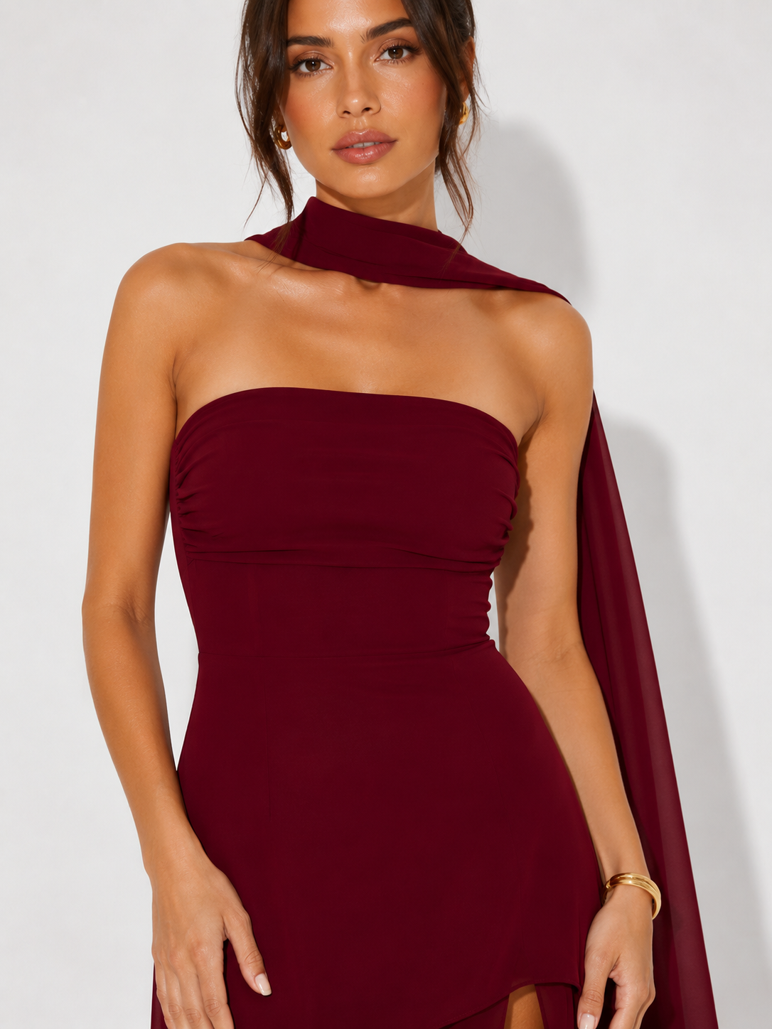 Strapless dress with asymmetric overlay