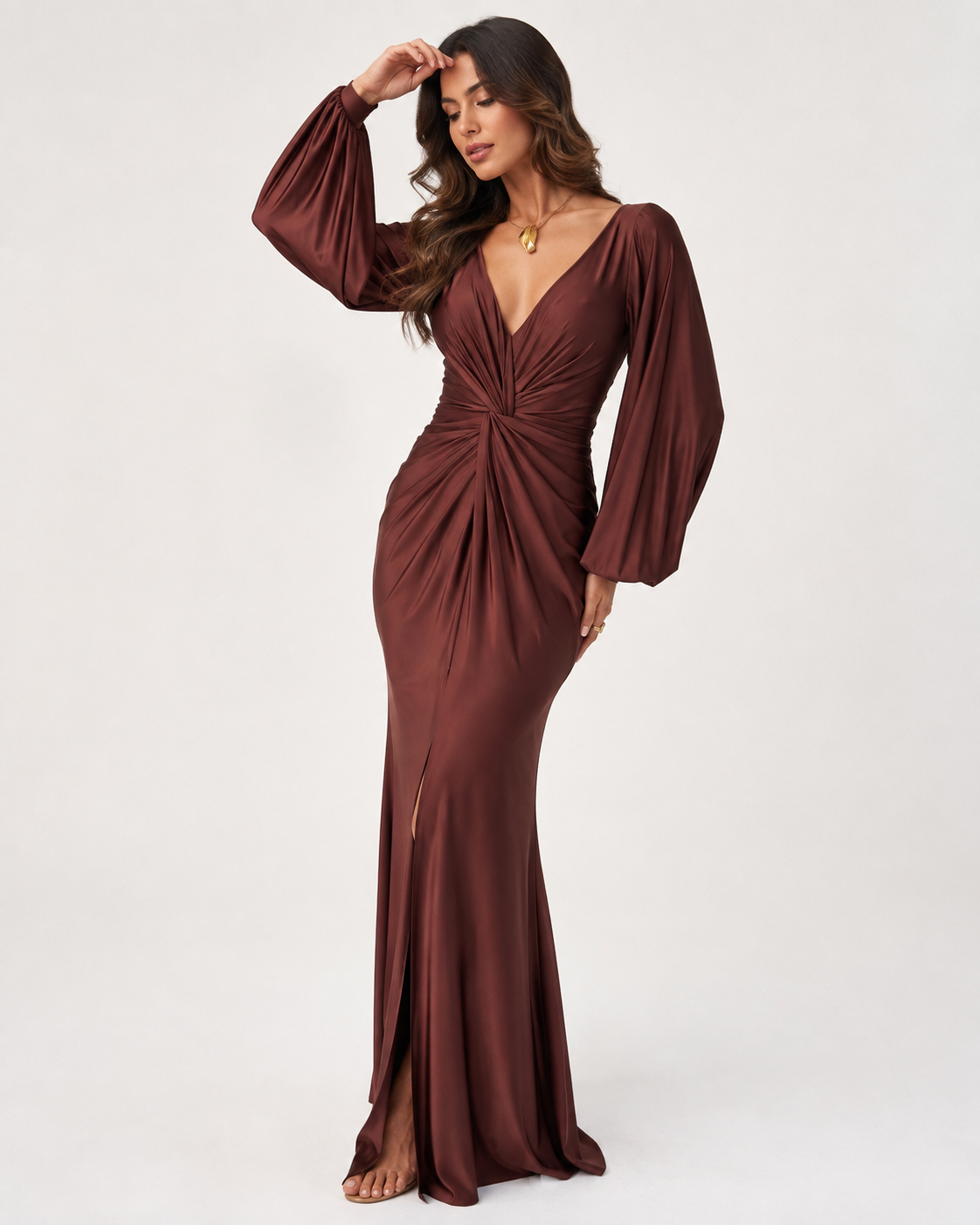 Twist-Waist V-Neck Split Maxi Dress