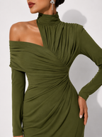 High-Neck Draped Midi Dress