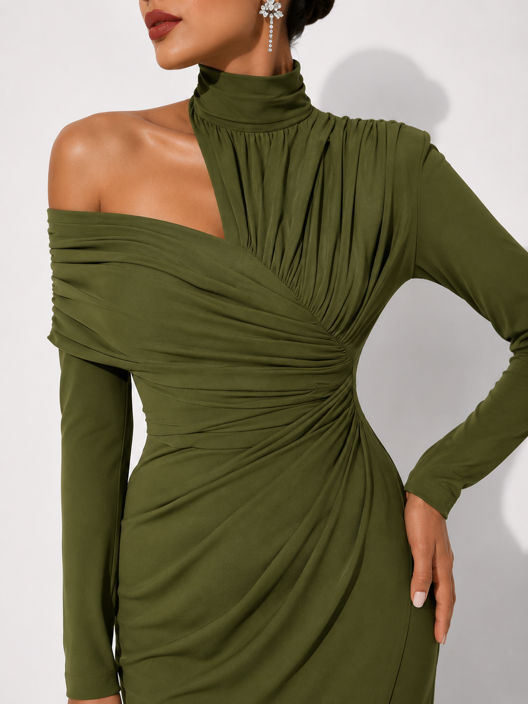 High-Neck Draped Midi Dress