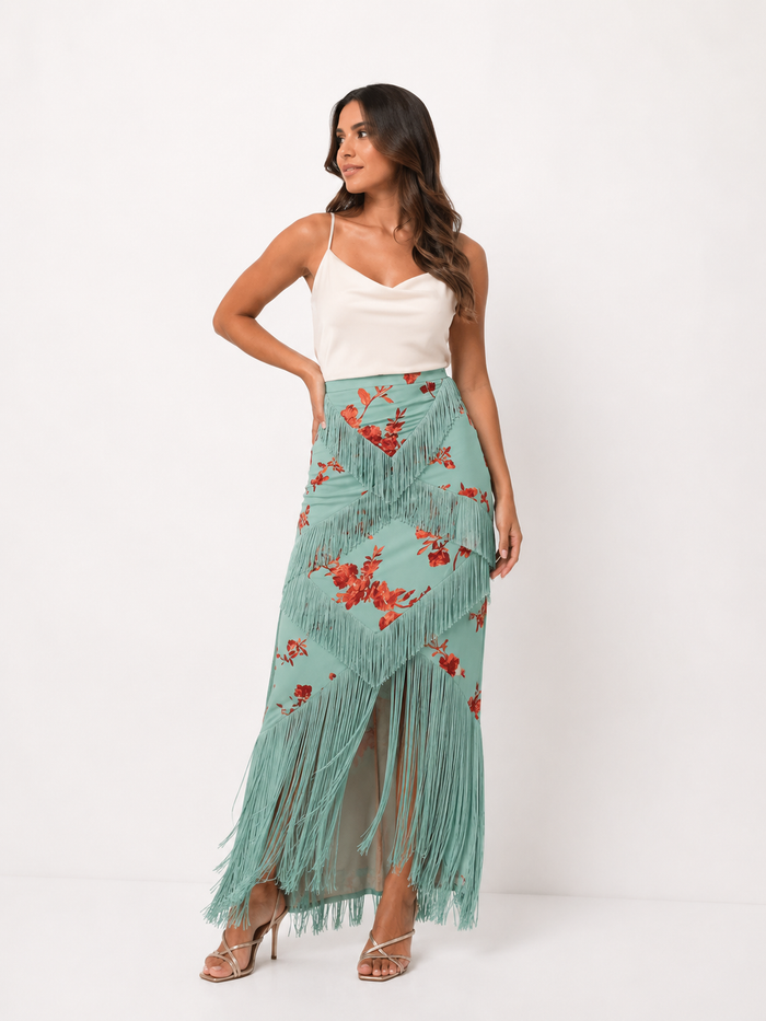 Vintage Printed Tassel Skirt Set Ruffle V Neck Sleeveless Backless Top Skirts Summer Women's Suit New Evening Elegant Outfit