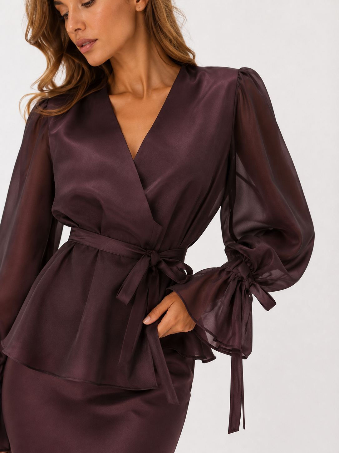 Organza Overlay Wrap Top and Satin Midi Skirt Two-Piece Set