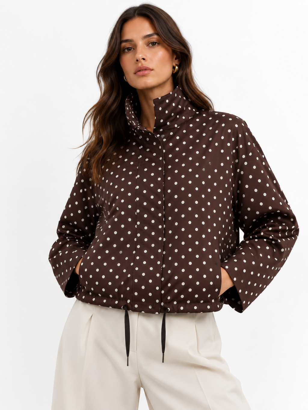High-Neck Cropped Bomber Jacket with Adjustable Drawstring