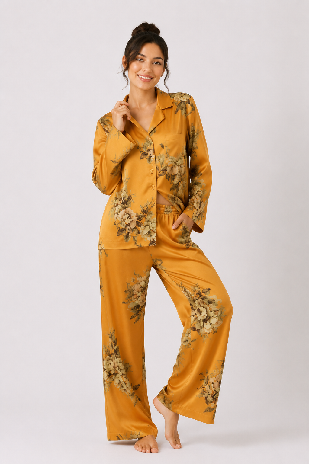 Women’s Satin-Feel Pyjama Set – Button-Through Long Sleeve Shirt & Full-Length Trousers