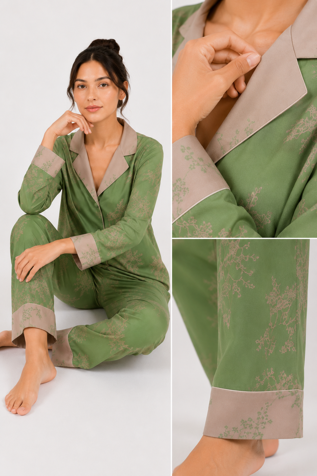 Printed satin-look pyjama set with piped trims