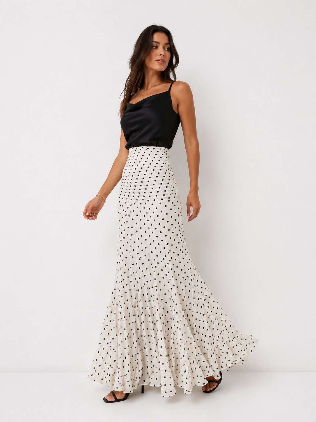 Polka Dot Women ‘s Skirt Elegant High Waist Ruched Ruffle Hem Mermaid Long Skirt Female  2026 Summer Casual Party Streetwears
