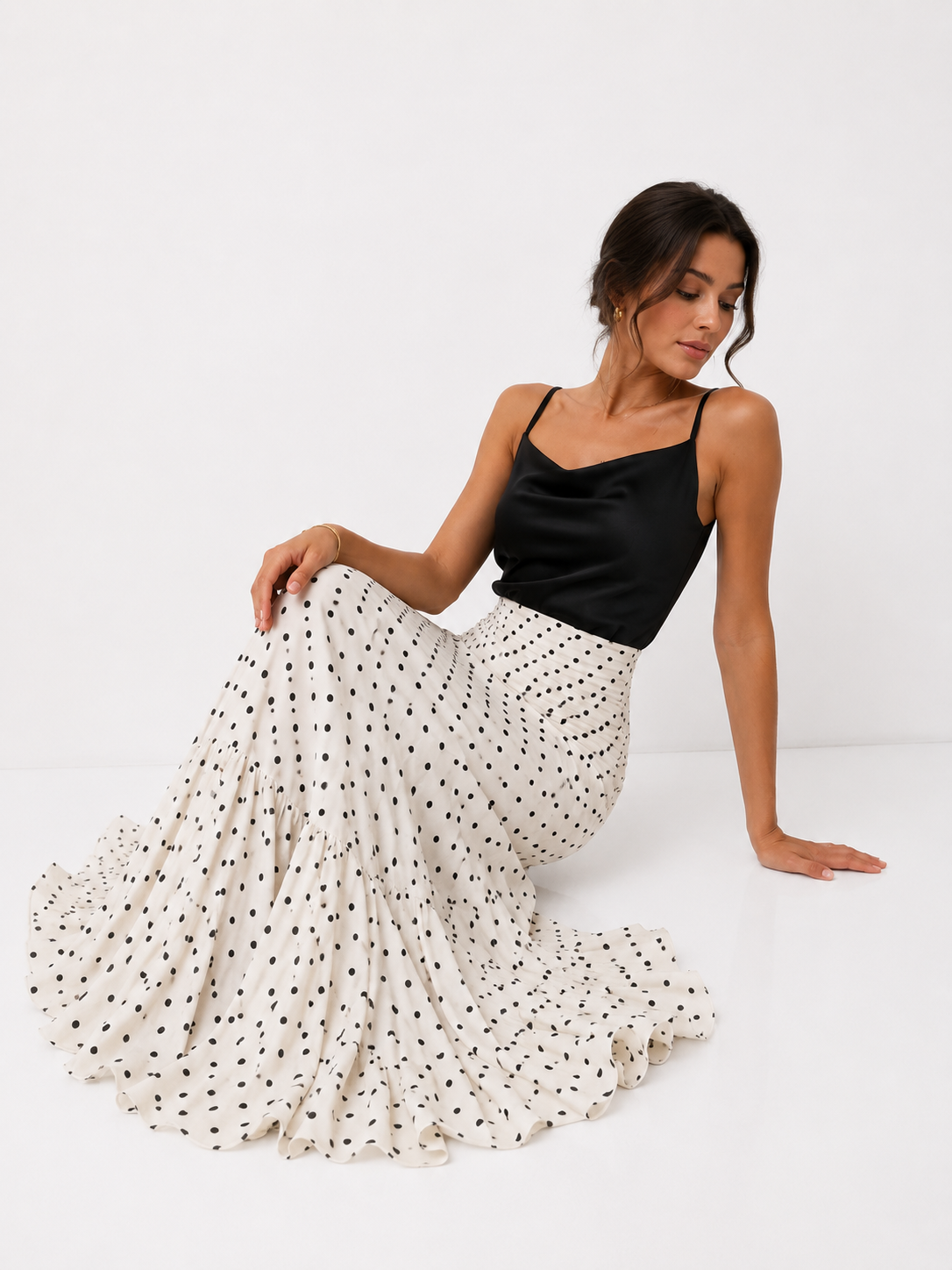 Polka Dot Women ‘s Skirt Elegant High Waist Ruched Ruffle Hem Mermaid Long Skirt Female  2026 Summer Casual Party Streetwears
