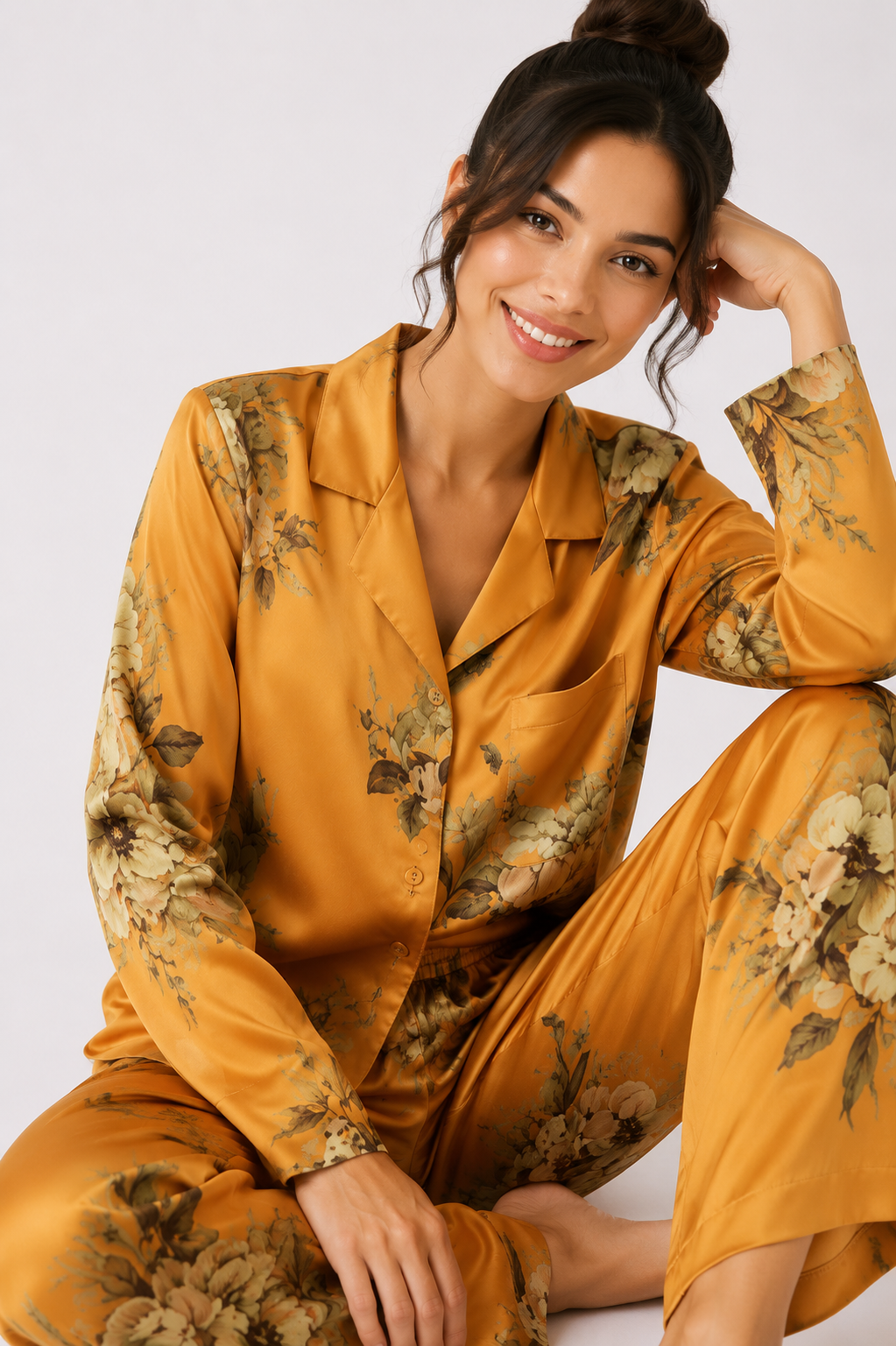Women’s Satin-Feel Pyjama Set – Button-Through Long Sleeve Shirt & Full-Length Trousers