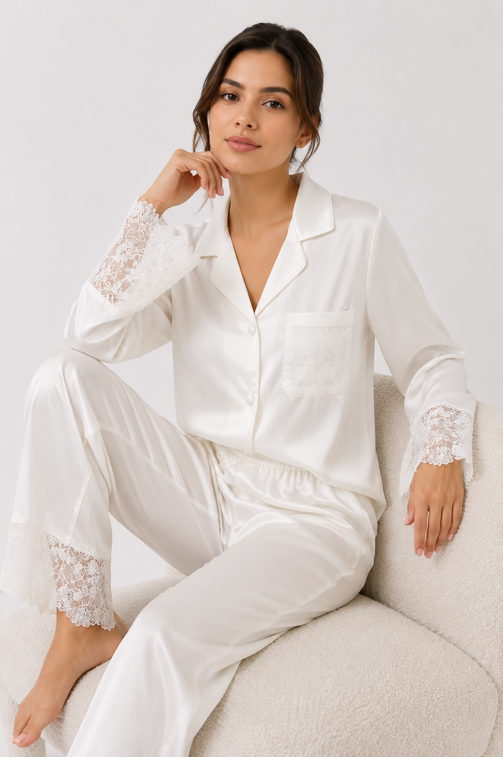 Satin-look pyjama set with button-through shirt and lace-trim trousers
