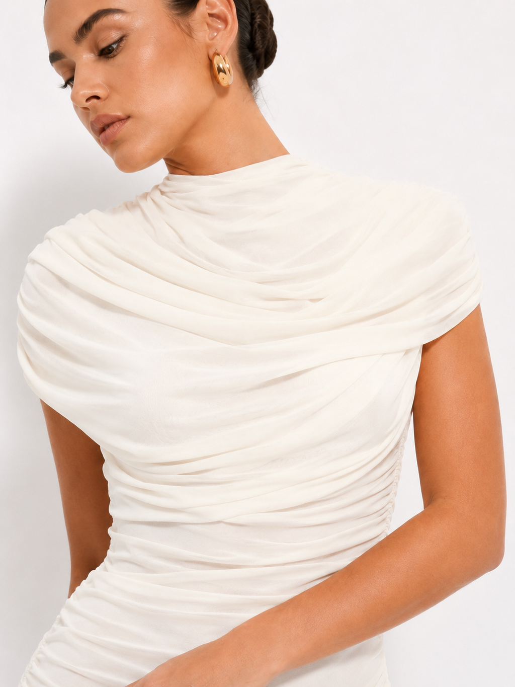 Draped High-Neck Ruched Mini Dress