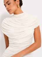 Draped High-Neck Ruched Mini Dress