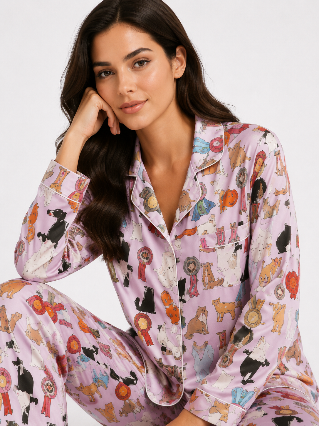 Women’s Printed Pyjama Set – Button-Through Long Sleeve Shirt & Jogger Trousers