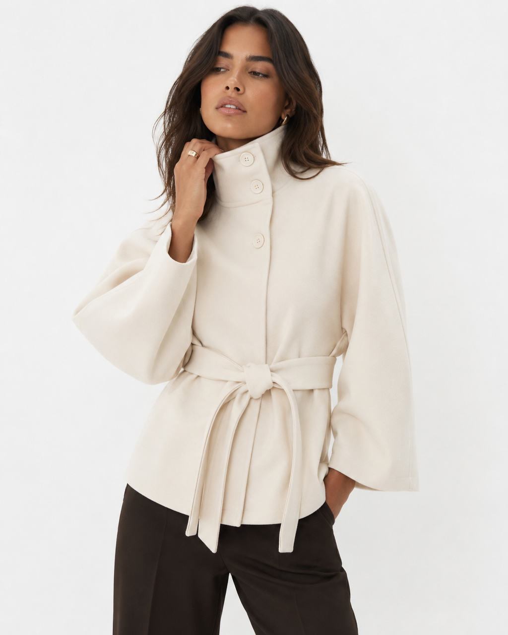 Cape-Sleeve Buttoned Coat