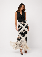 Vintage Printed Tassel Skirt Set Ruffle V Neck Sleeveless Backless Top Skirts Summer Women's Suit New Evening Elegant Outfit