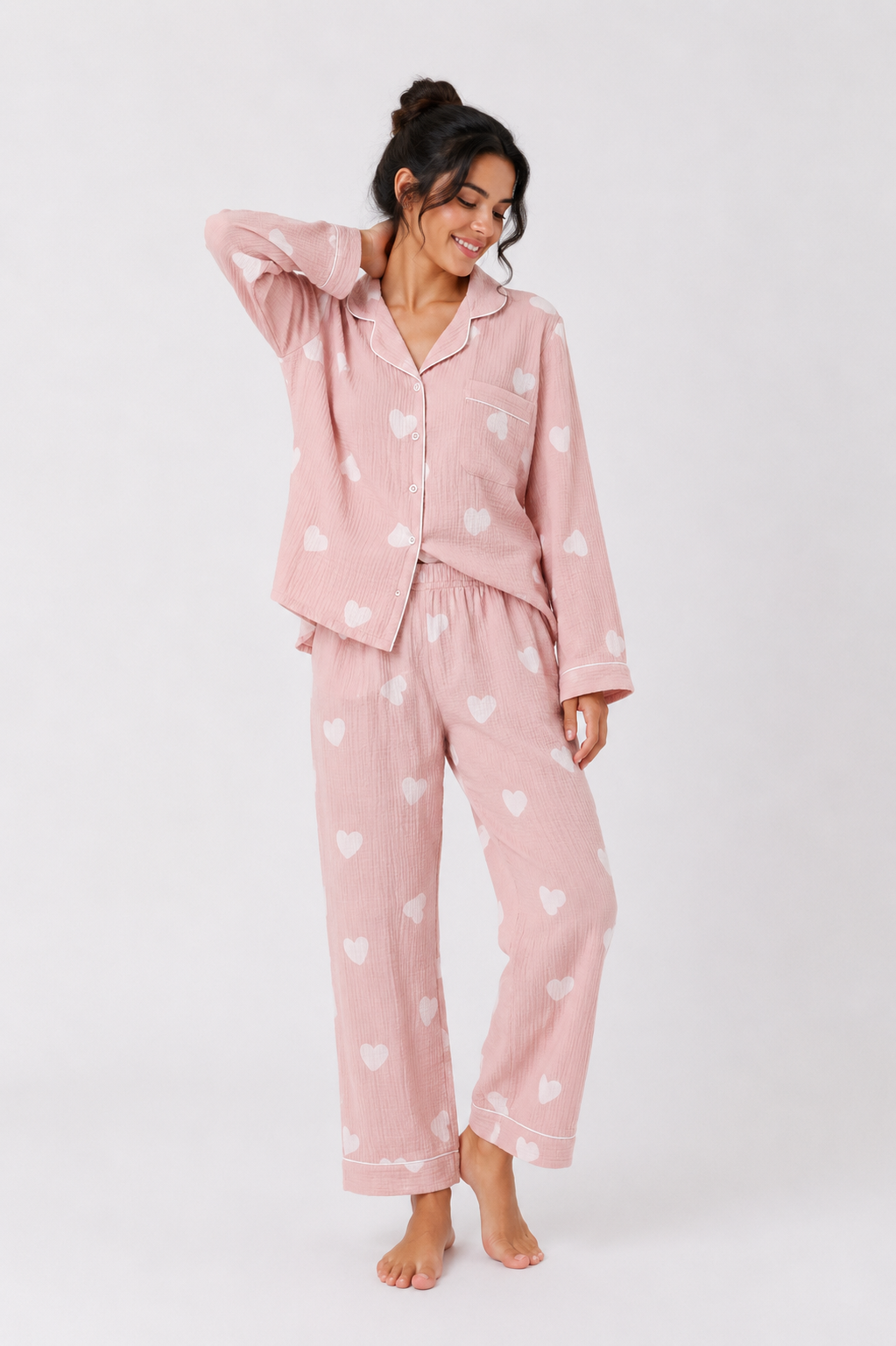 Button-through pyjama set with long-sleeve shirt and straight-leg trousers