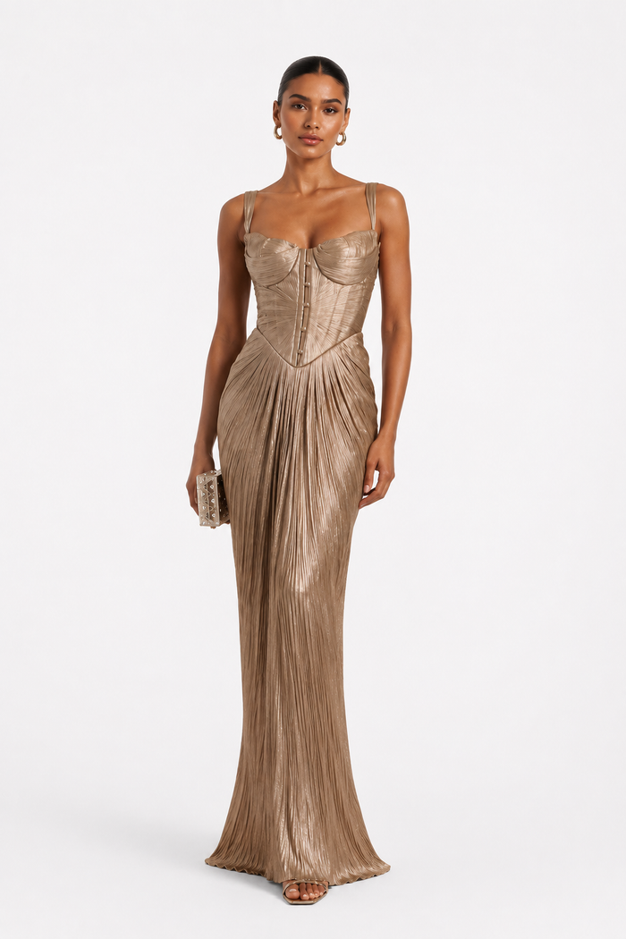 Metallic Corset-Bodice Draped Maxi Dress