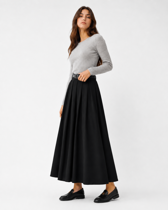 Pleated A-Line Midi Skirt