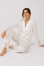 Satin-look pyjama set with button-through shirt and lace-trim trousers