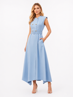 Double-Breasted Trench-Inspired Maxi Dress with Structured Shoulder Caps