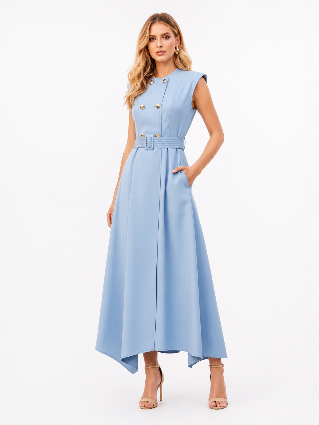 Double-Breasted Trench-Inspired Maxi Dress with Structured Shoulder Caps
