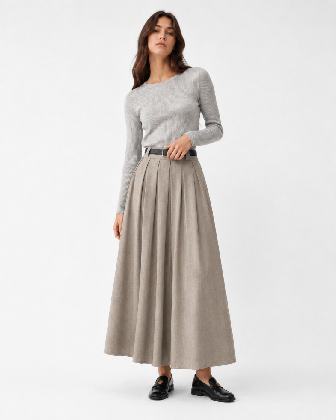 Pleated A-Line Midi Skirt