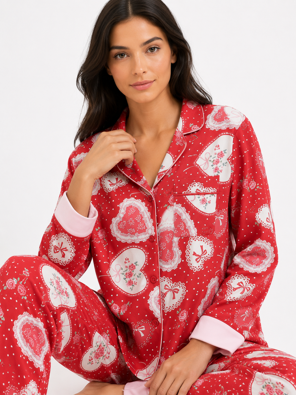 Women’s Pyjama Set – Button-Through Long Sleeve Shirt & Full-Length Trousers