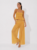 Lace-Trimmed Pleated Chiffon Cami Top and Wide-Leg Trousers Two-Piece Set