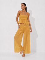Lace-Trimmed Pleated Chiffon Cami Top and Wide-Leg Trousers Two-Piece Set