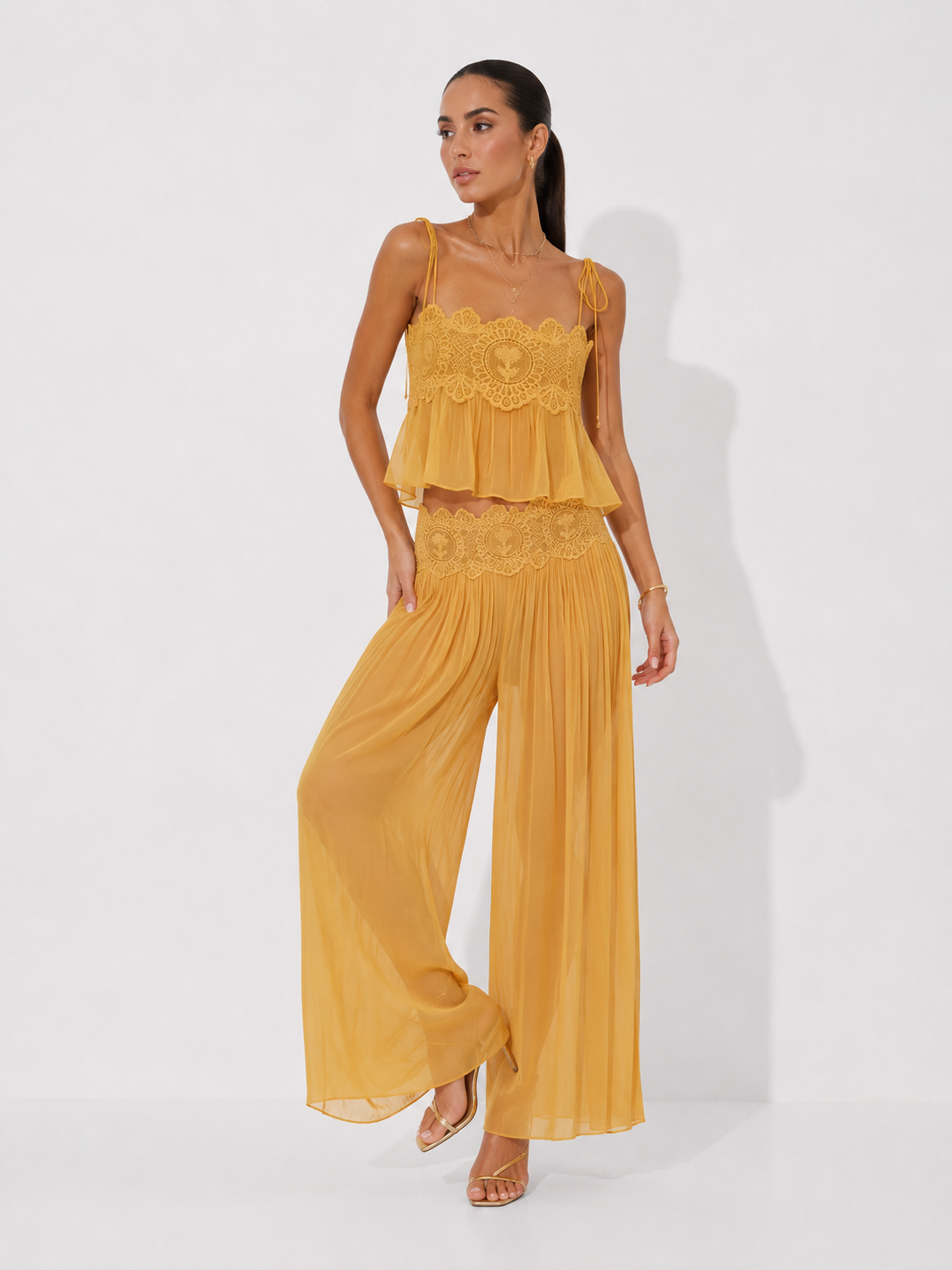 Lace-Trimmed Pleated Chiffon Cami Top and Wide-Leg Trousers Two-Piece Set