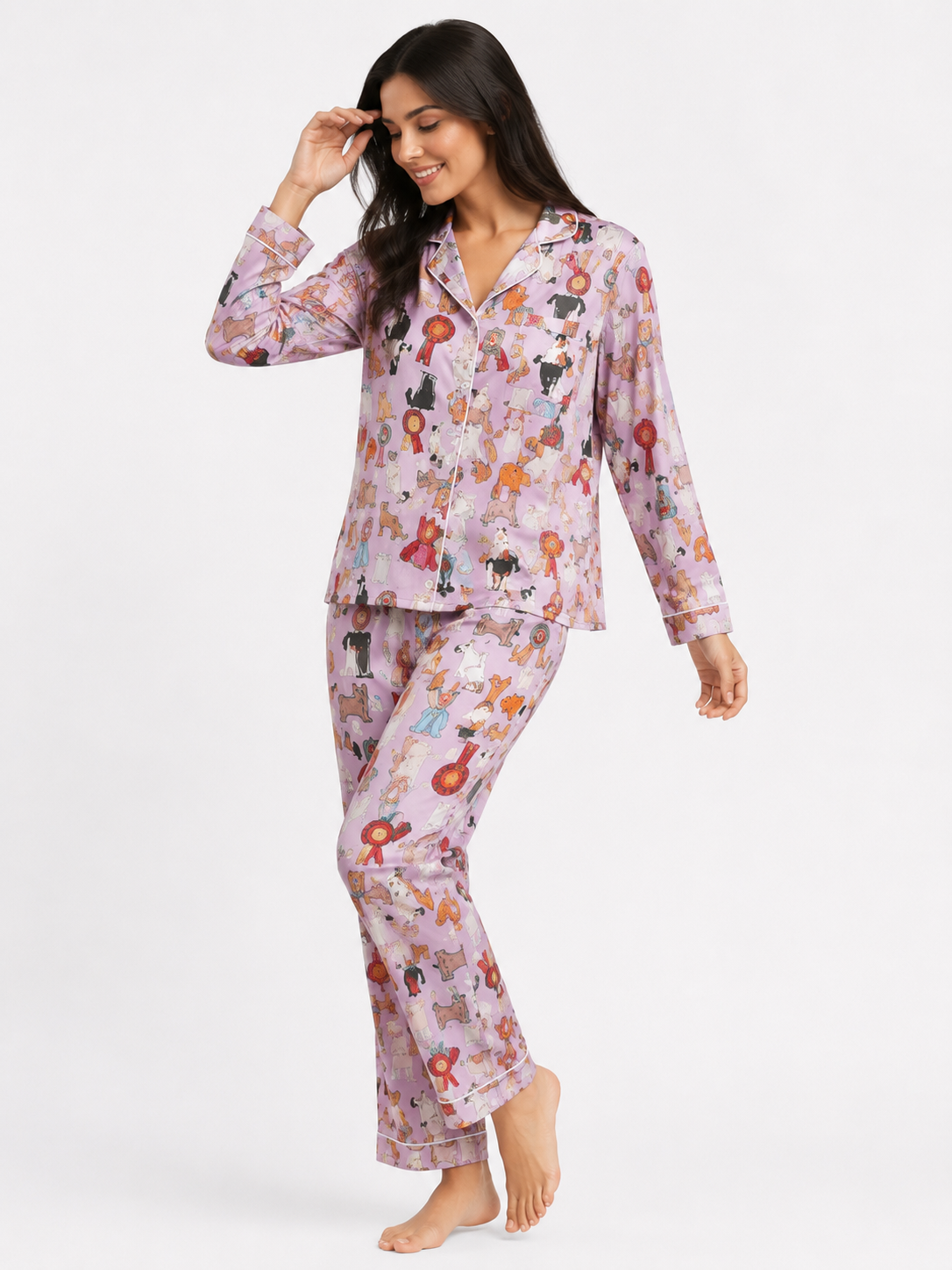 Women’s Printed Pyjama Set – Button-Through Long Sleeve Shirt & Jogger Trousers