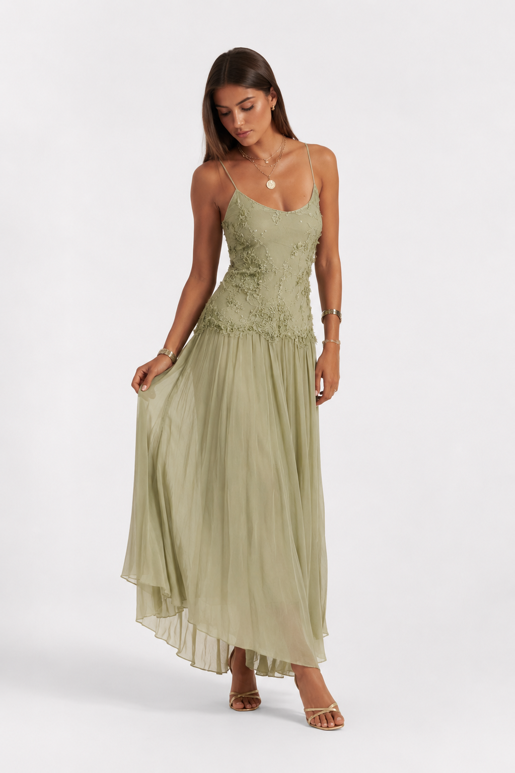 Embroidered Cami Maxi Dress with Pleated Drop Waist
