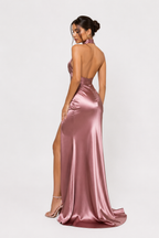 Satin-effect halter dress with slit