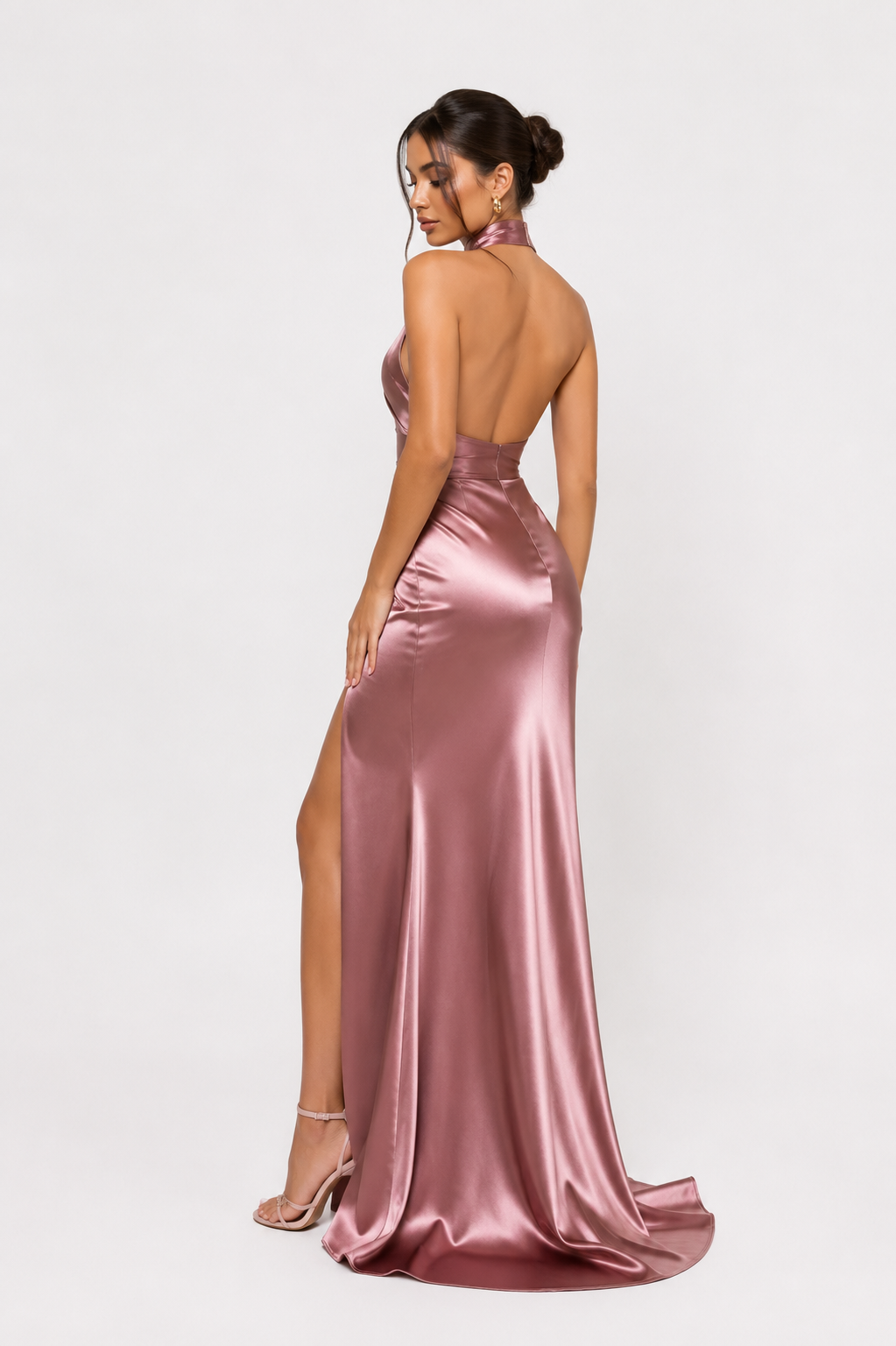 Satin-effect halter dress with slit
