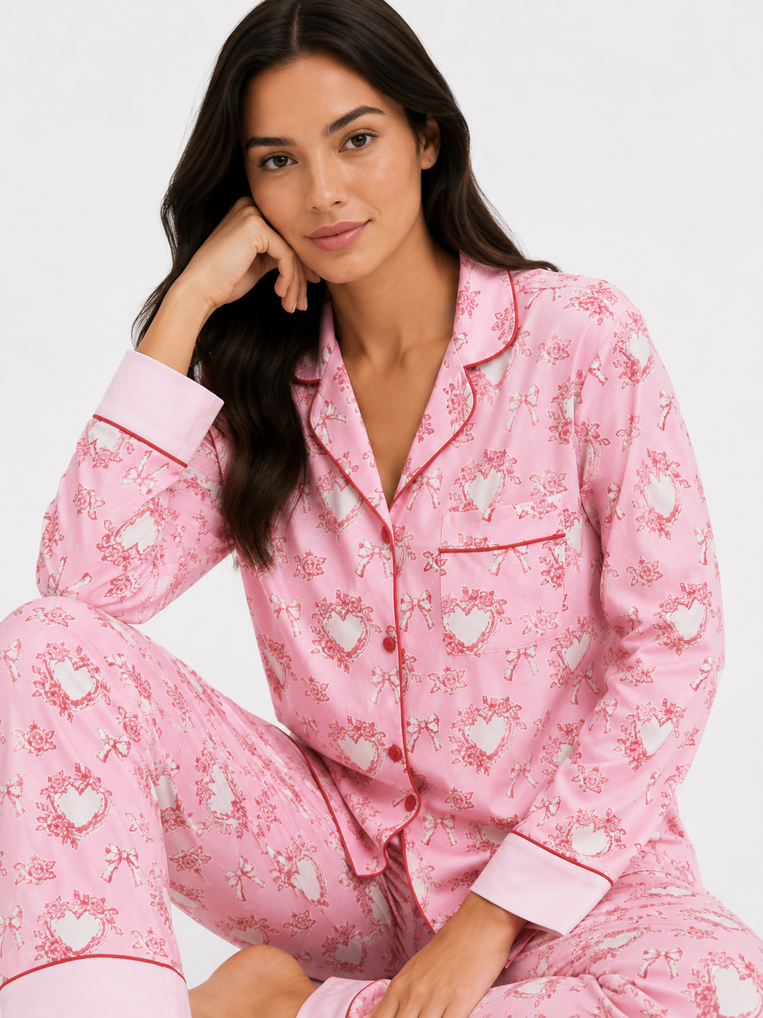 Women’s Pyjama Set – Button-Through Long Sleeve Shirt & Full-Length Trousers