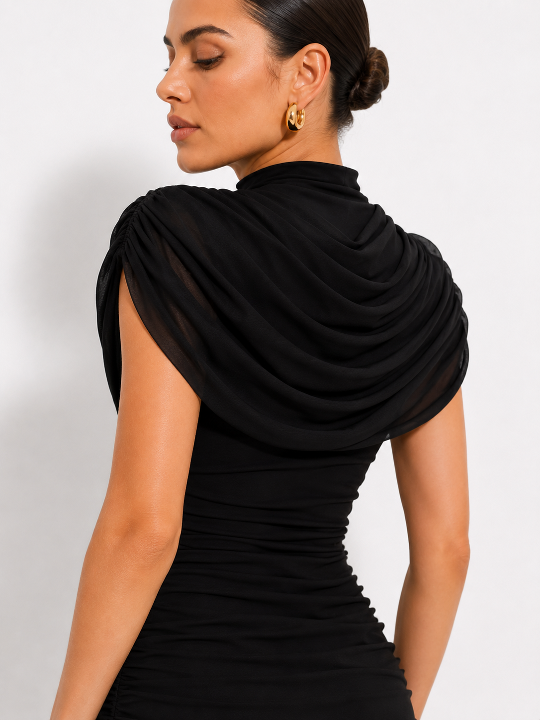 Draped High-Neck Ruched Mini Dress