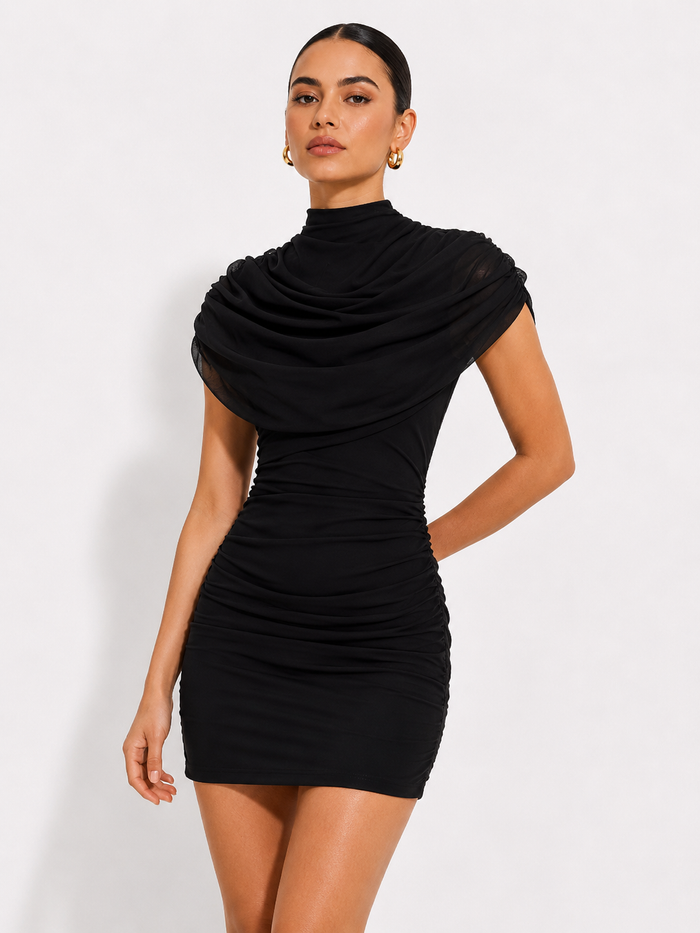 Draped High-Neck Ruched Mini Dress