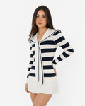 Ribbed Knit Sailor-Collar Blouse with Statement Bow