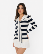 Ribbed Knit Sailor-Collar Blouse with Statement Bow