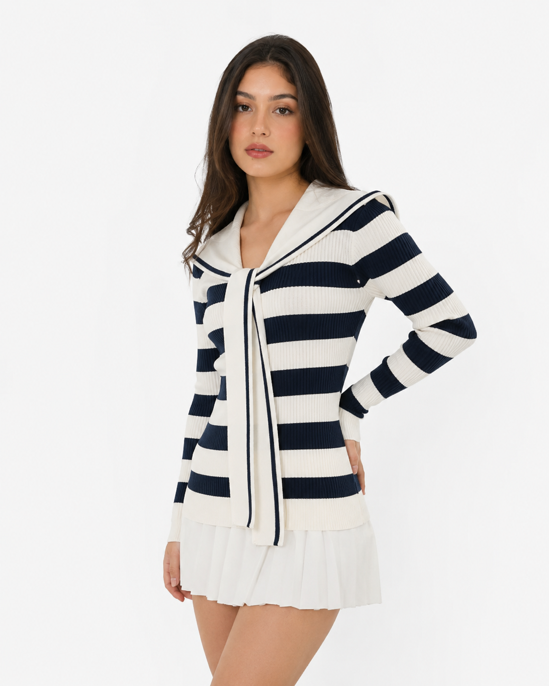 Ribbed Knit Sailor-Collar Blouse with Statement Bow