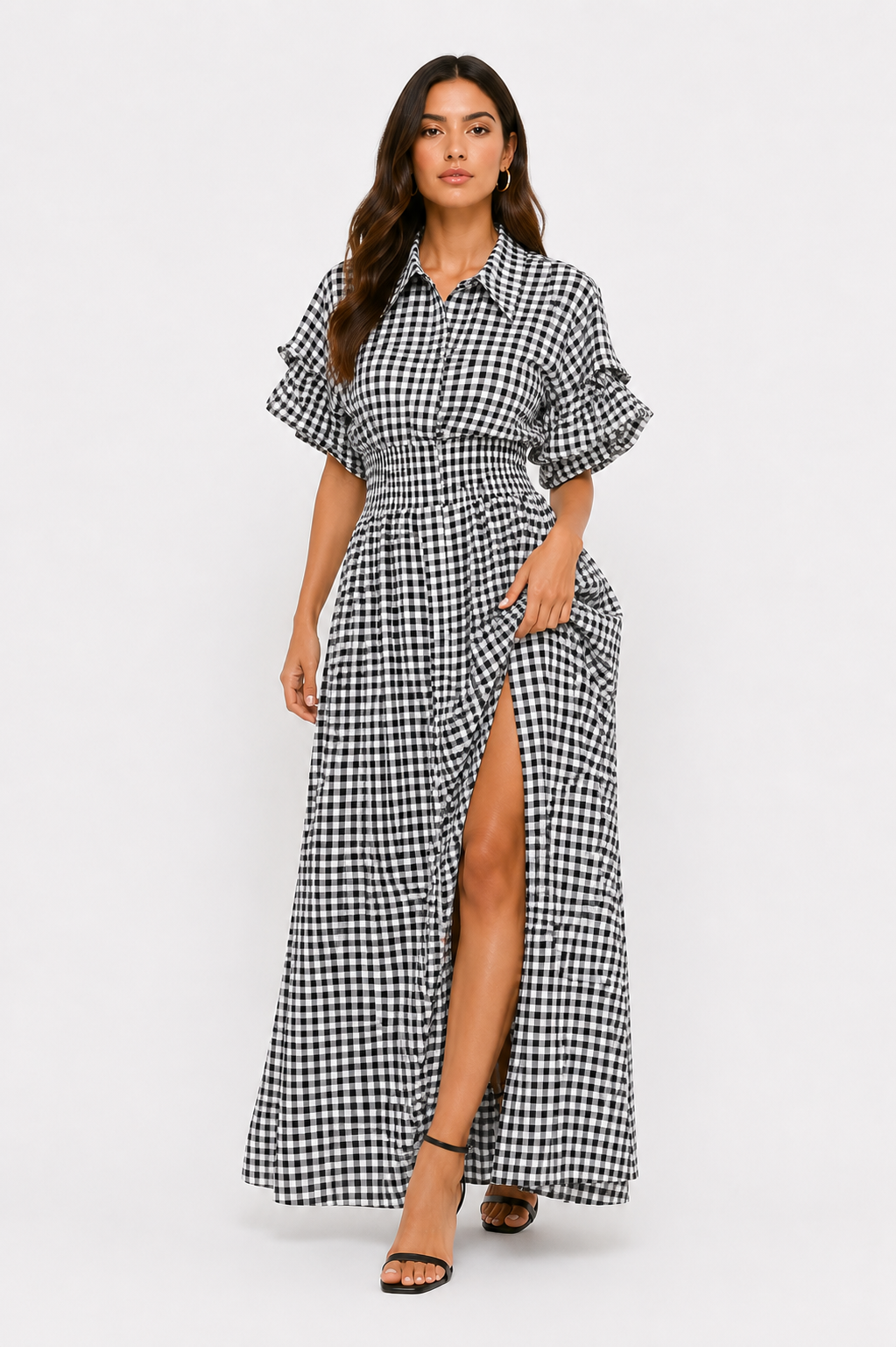 Vivienne Gingham Midi Dress (High Slit)