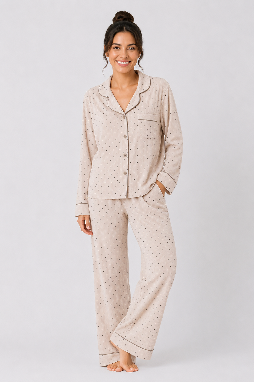 Button-through pyjama set with long-sleeve shirt and straight-leg trousers