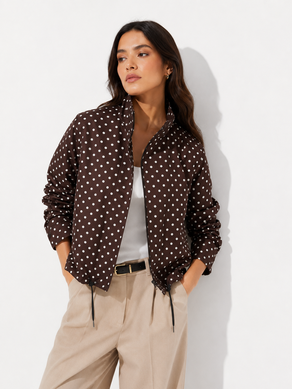 High-Neck Cropped Bomber Jacket with Adjustable Drawstring