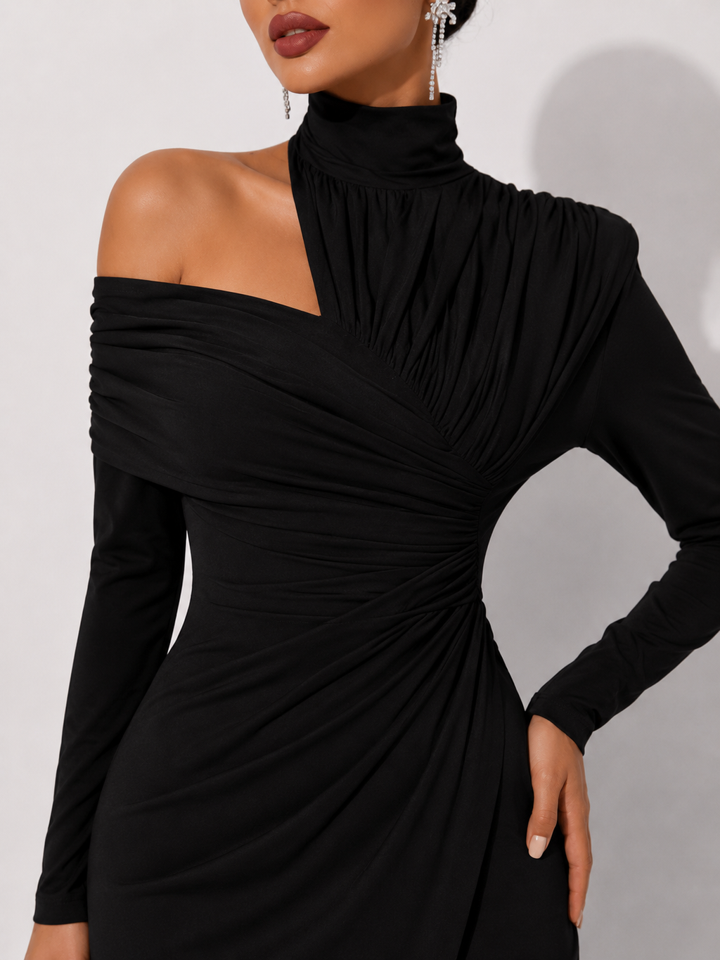 High-Neck Draped Midi Dress